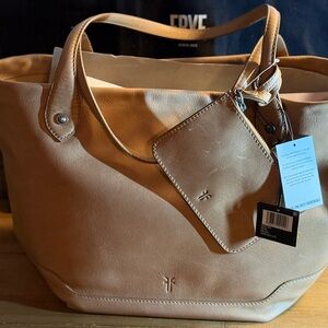 Frye Kenzie Unlined Leather Tote with matching zipper pouch in Beige